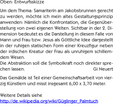 Oben: Entwurfsskizze  Um dem Thema: Samariterin am Jakobsbrunne